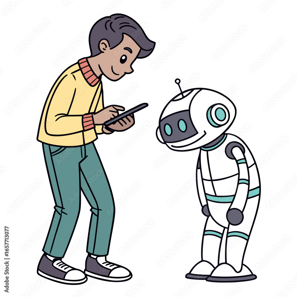 Poster man interacting with robot using smartphone technology