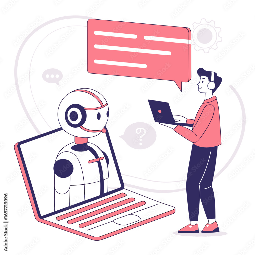 Poster man interacting with robot via laptop communication