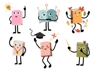 Set of whimsical cartoon book characters with educational symbols: light bulb, questions, autumn leaves, diploma.