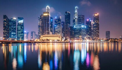 Naklejka premium Vibrant Singapore city skyline at night, featuring illuminated skyscrapers and their colorful reflections shimmering on the calm water.
