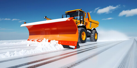 Snowplow in action removing snow from snowy road
