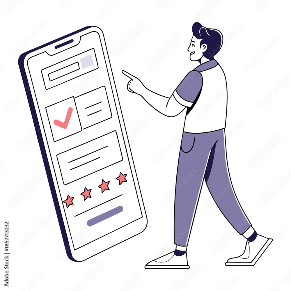 Aufkleber man pointing at mobile app interface vector