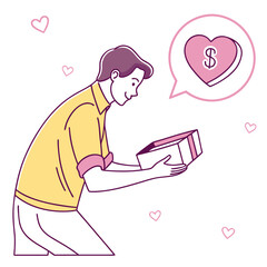 Man opening gift with money heart thought bubble present