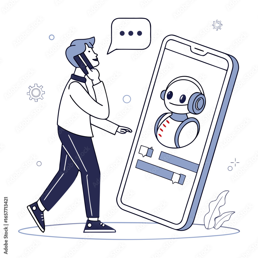 Poster man talking on phone with chatbot on phone screen conversation