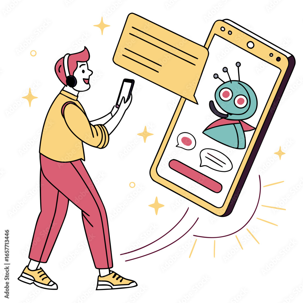 Poster man talking to robot on phone communication