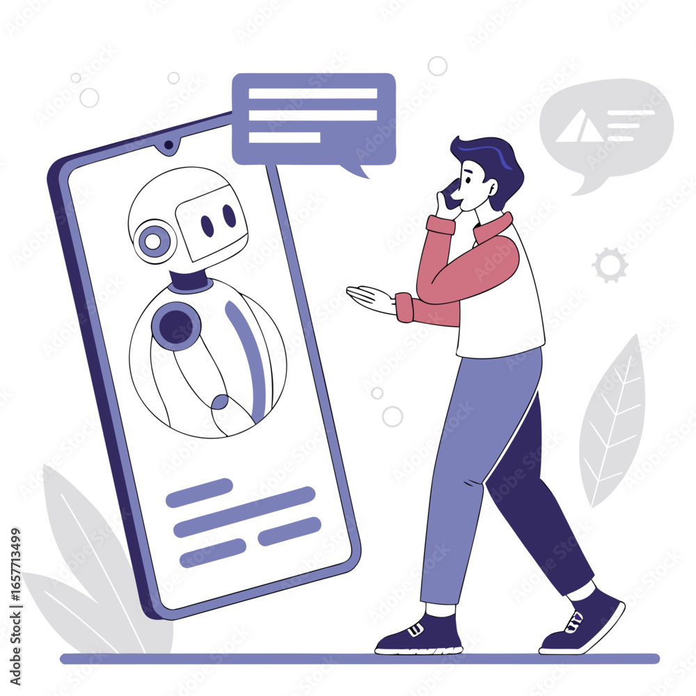 Poster man talking to robot on phone screen communication