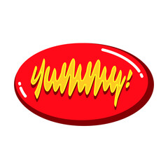 Yum Yum or Yummy or Yummy Yummy text. Printable graphic tee. Sticker foody. Retro Style.  Lettering