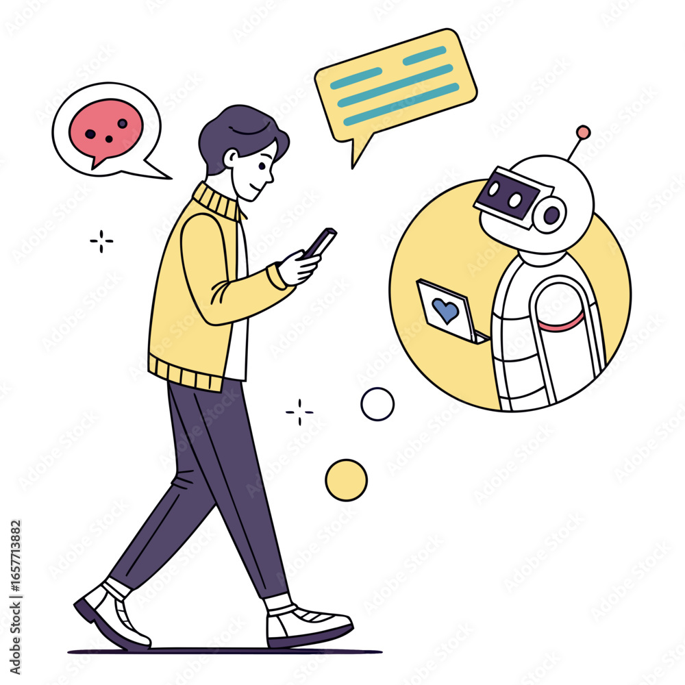 Poster man texting robot communication concept phone