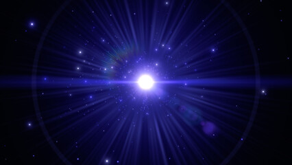 Fototapeta premium blue space with light flare beams and shiny star dust , lens flare beams galaxy and night sky social media background 