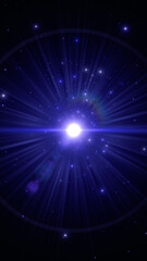 Naklejka premium blue space with light flare beams and shiny star dust , lens flare beams galaxy and night sky vertical social media background 