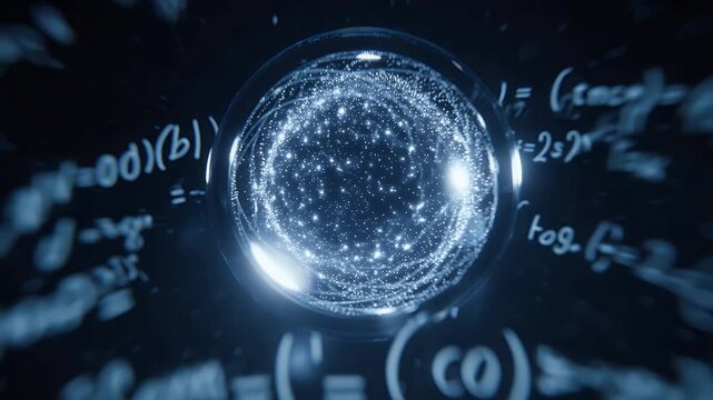 AI core floating inside glass sphere, surrounded by orbiting light particles and math equations