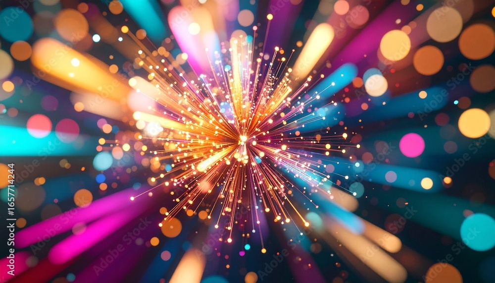 Poster abstract vibrant explosion of colorful light streaks and bokeh.
