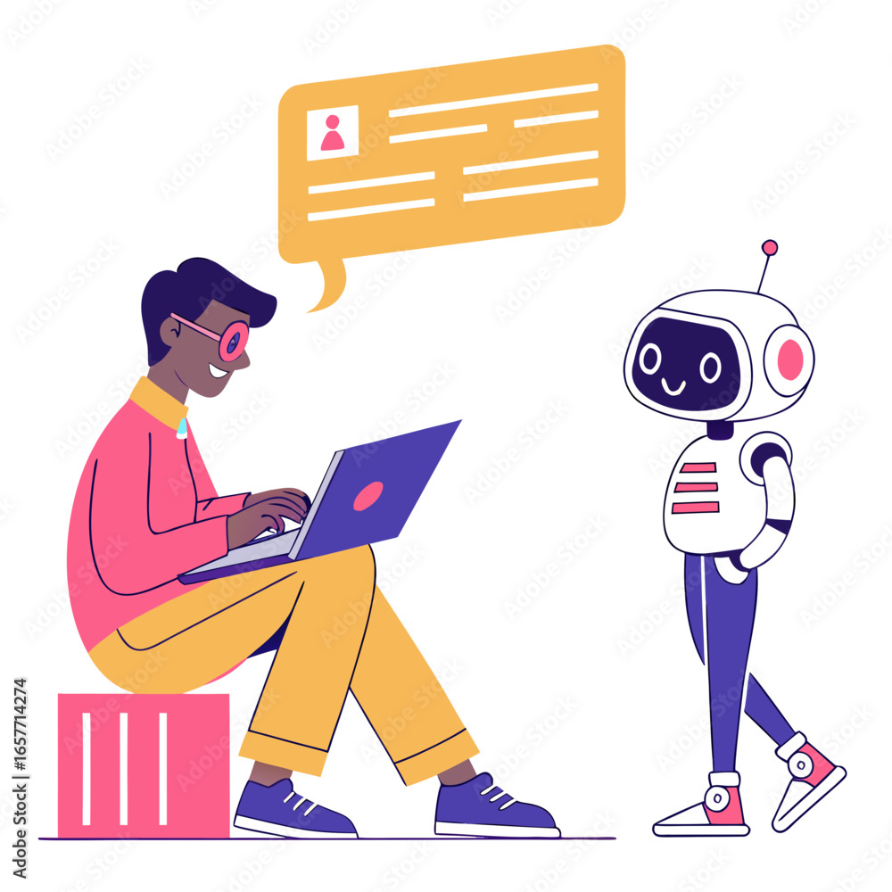 Poster man typing laptop with friendly robot companion vector