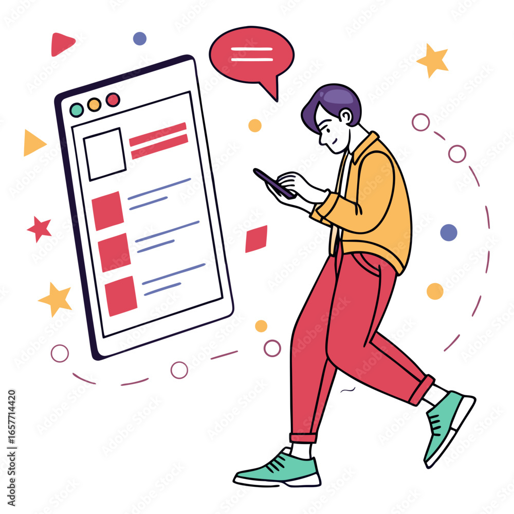 Poster man using phone with chat bubble and website mobile