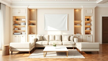 Elegant living room with built in shelving and plush seating
