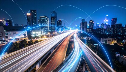 Naklejka premium Abstract digital network connections overlaying a busy city highway at night with light trails.