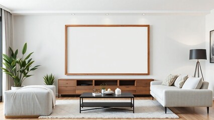 Modern living room with blank canvas and cozy seating