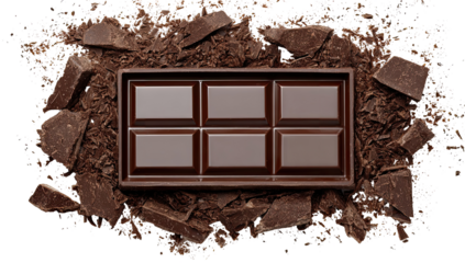 Dark chocolate bar nestled in crushed cocoa