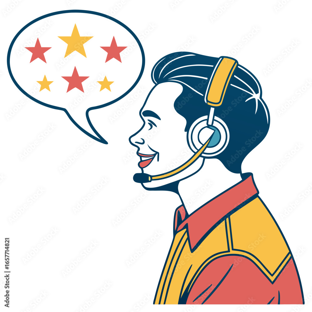 Poster man with headset giving three stars rating microphone