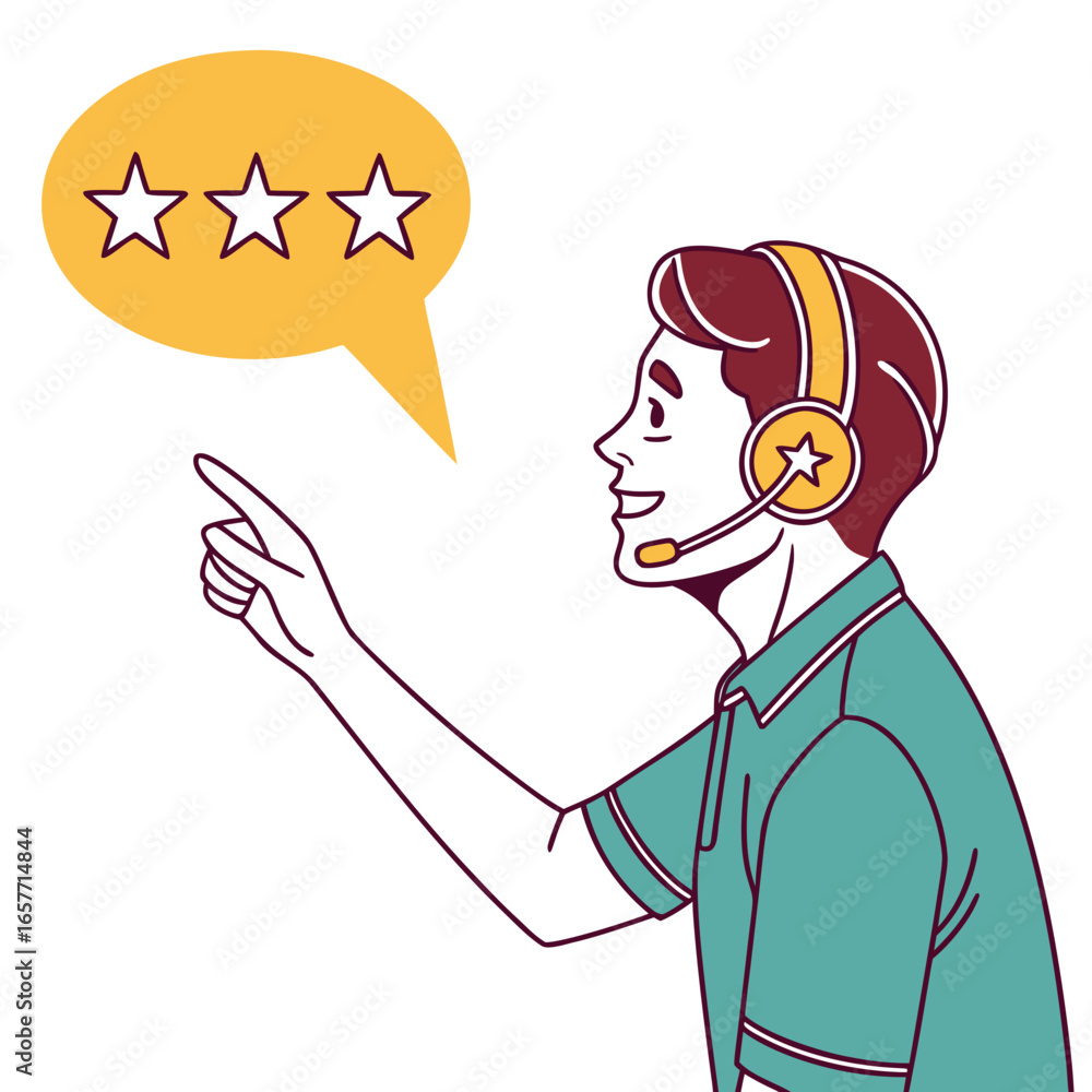 Poster man with headset points at stars pointing speech bubble