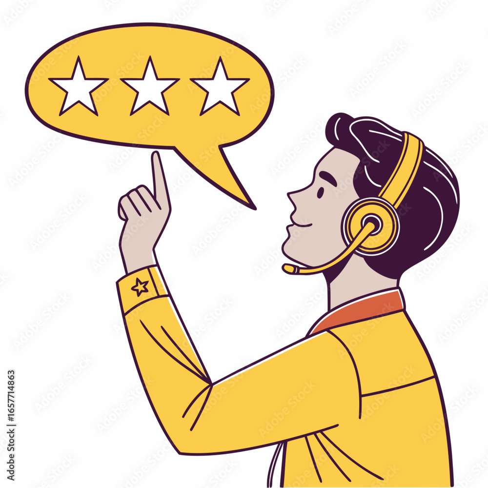 Poster man with headset points to three stars speech bubble