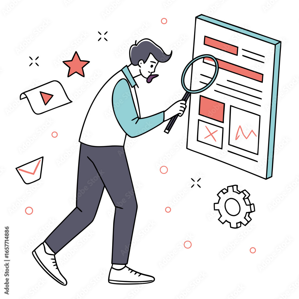 Poster man with magnifying glass examines screen search data