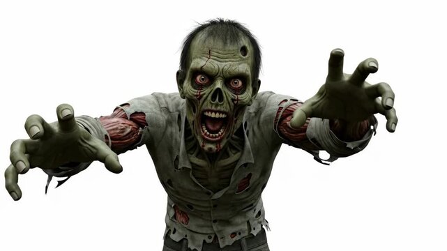 Cinematic Zombie Horror - A detailed close-up of a terrifying zombie reaching out with its hands, its decaying flesh and gruesome features clearly visible against a white background.