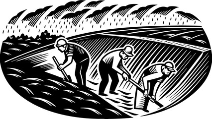 Three male laborers work together in a field, cultivating the land under a cloudy sky, embodying teamwork and diligence.