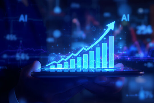 Futuristic glowing blue digital graph showing upward trend and growth with ai technology in a dark abstract background