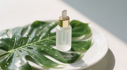 Minimalist Skincare Serum Bottle with Monstera Leaf and Water Droplets