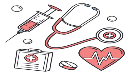 Medical symbols heart syringe stethoscope first aid kit