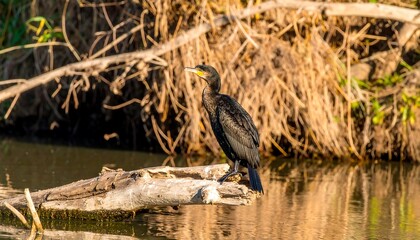 Dark-colored bird perches on a log over calm water.