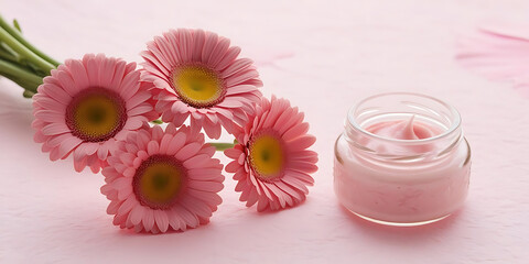 Soft pink background with gerbera daisies and pink cream jar