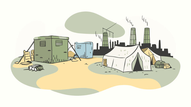 A stylized illustration of a makeshift camp with tents and structures amidst industrial buildings and smokestacks.