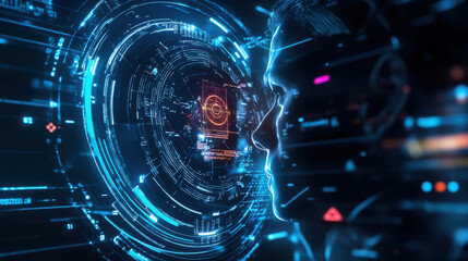 Profile of a person with a futuristic digital interface overlayed in blue and orange glow effects