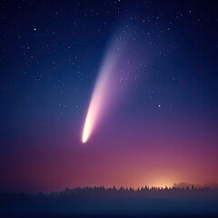 Comet streaks across a starry night over a misty forest