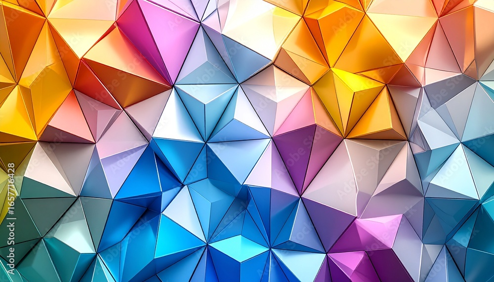 Poster a vibrant abstract background composed of colorful, three-dimensional geometric triangles and polygo