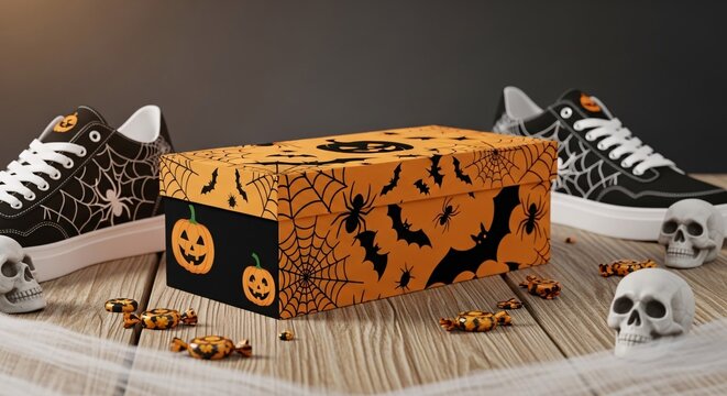 Halloween themed image featuring black and white sneakers, a decorated box, skulls, and candy on a wooden surface with a gauze runner.