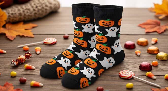 Pair of Halloween-themed socks with pumpkins and ghosts, surrounded by candy, lollipops, and autumn leaves on a wooden surface.