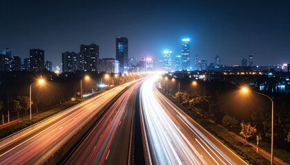 Night traffic streaks on a city highway.