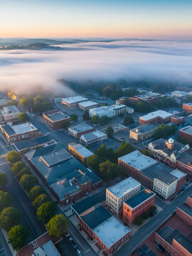 Fog of the morning in Downtown Dalton, aerial hyperlapse.