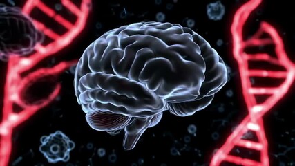 Human brain DNA strand science medical neurology genetics black background glowing digital illustration health research futuristic abstract intelligence biology anatomy innovation technology - Powered by Adobe