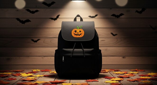 A black backpack with a pumpkin patch stands on a wooden floor surrounded by fallen leaves, illuminated by a spotlight with bats in the background.