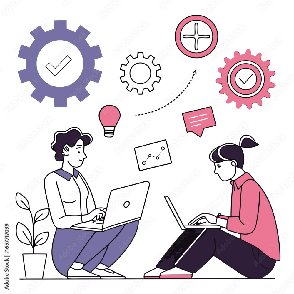 Poster people working on laptops with gears and graphs vector