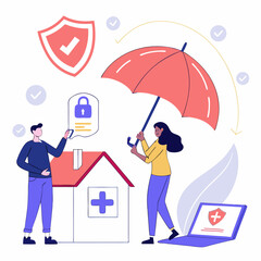 People under umbrella protecting house and laptop insurance