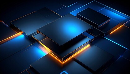 Abstract 3D rendering of dark geometric blocks with glowing blue and orange lights.