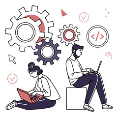 People working with laptops and gears woman computer