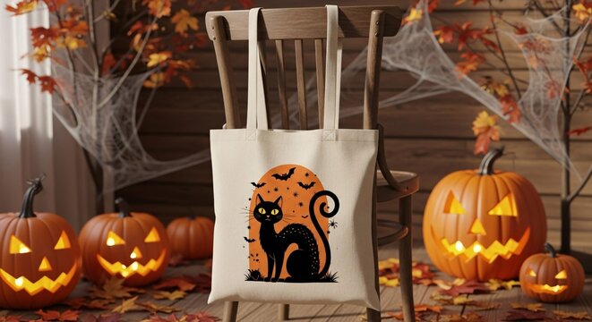A tote bag with a black cat design sits on a chair, surrounded by glowing jack-o'-lanterns, autumn leaves, and spiderwebs, creating a Halloween scene.