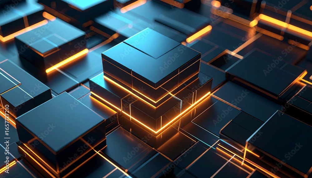 Fototapete abstract 3d rendering of interconnected cubes with glowing edges, representing technology.