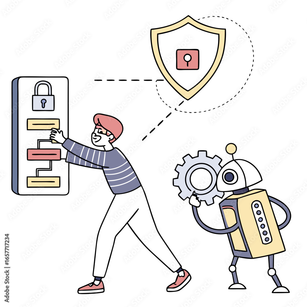 Poster person and robot securing digital data with shield